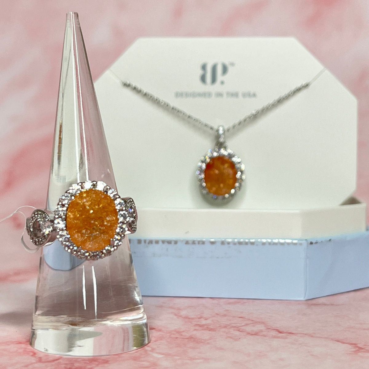 Peach Ice Crystal 2424 Set (Necklace + Size 7)