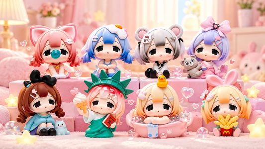 Cute Tiny World collectible figurines arranged in a pastel kawaii display