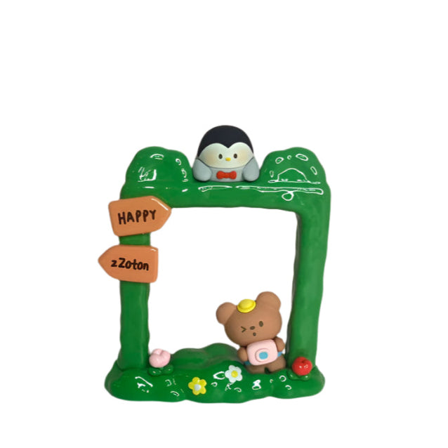 Decorative arch with cartoon characters on a pink and white background