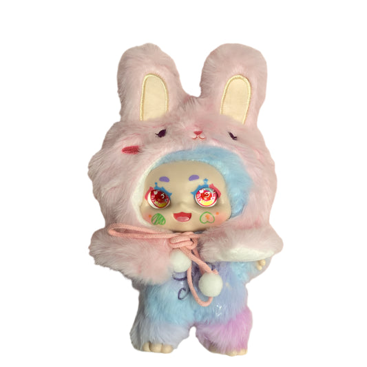 Furry plush toy with bunny ears and colorful face