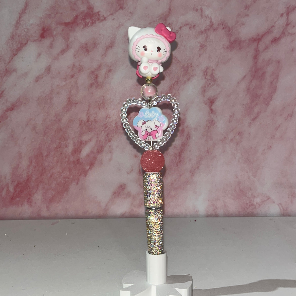 Pink Kitty Heart Sparkle Beadable Pen