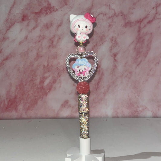Pink Kitty Heart Sparkle Beadable Pen
